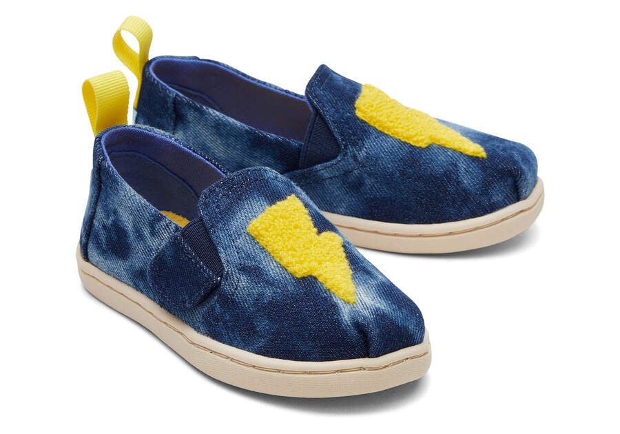 Toms Tiny Alpargata Twin Gore Washed Denim Ligthning Bolt Azul Marino Azules Chile | CL905-591